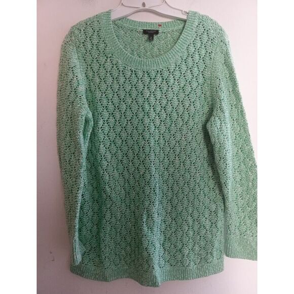 Talbots Green & White Open Crochett Knit Cotton Pullover Sweater size 0X Petite - Picture 2 of 10
